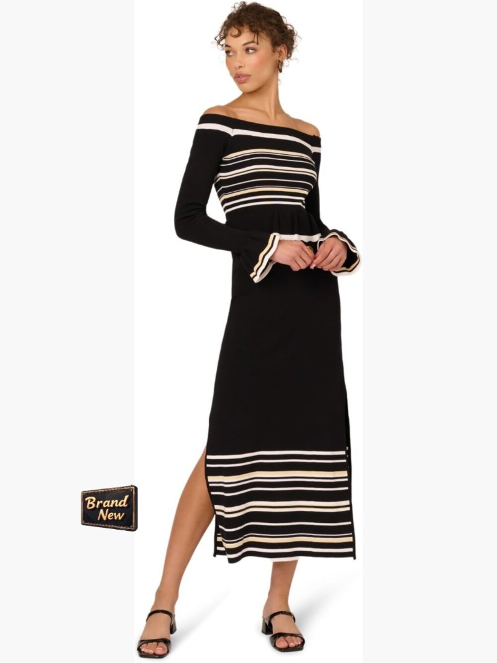 Off Shoulder Knit Midi Dress Long Sleeve Bodycon Striped